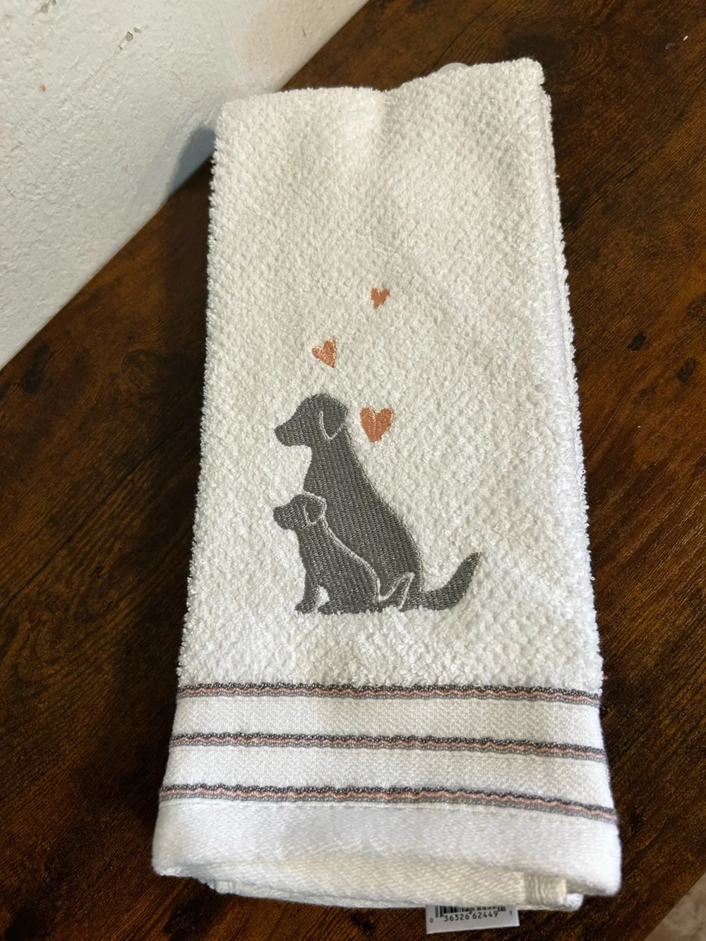 White Hand Towel with Gray Dog and Peach Hearts
